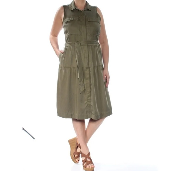 Maison Jules Army Green 100% Tencel Utility-Pocket Shirt Dress Size Large - Picture 2 of 15